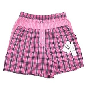 2 Cotton Sleep‎ Shorts Womens (M) Pajama Boxer Pockets Pink Plaid & Pink Striped